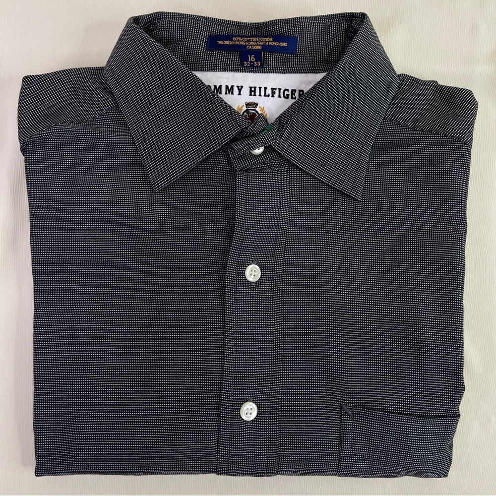 Tommy Hilfiger Vintage Crest Logo Black Micro Pattern Dress Shirt 16 32-33